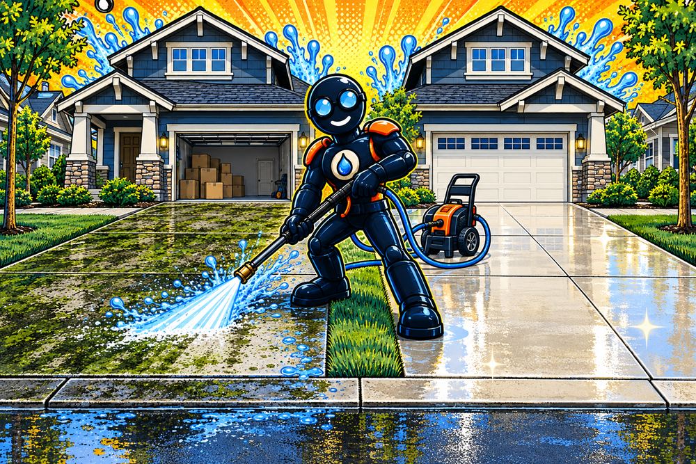 Pressure Washington cleaning two side-by-side driveways on a street of same-age DuPont homes