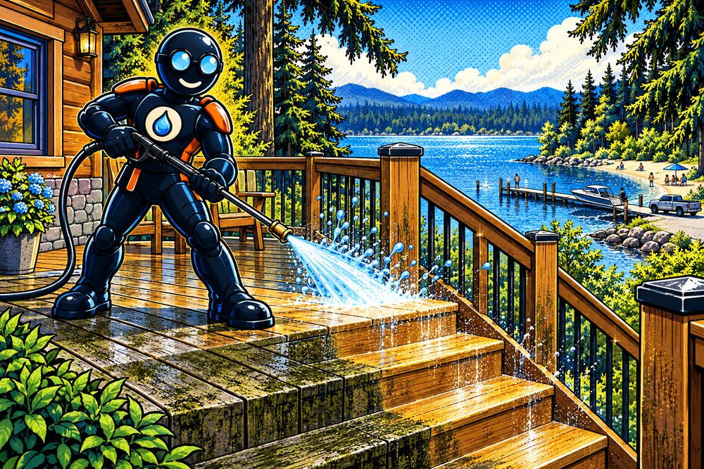 Pressure Washington cleaning a lakeside cabin deck and stairs in Lake City, American Lake behind