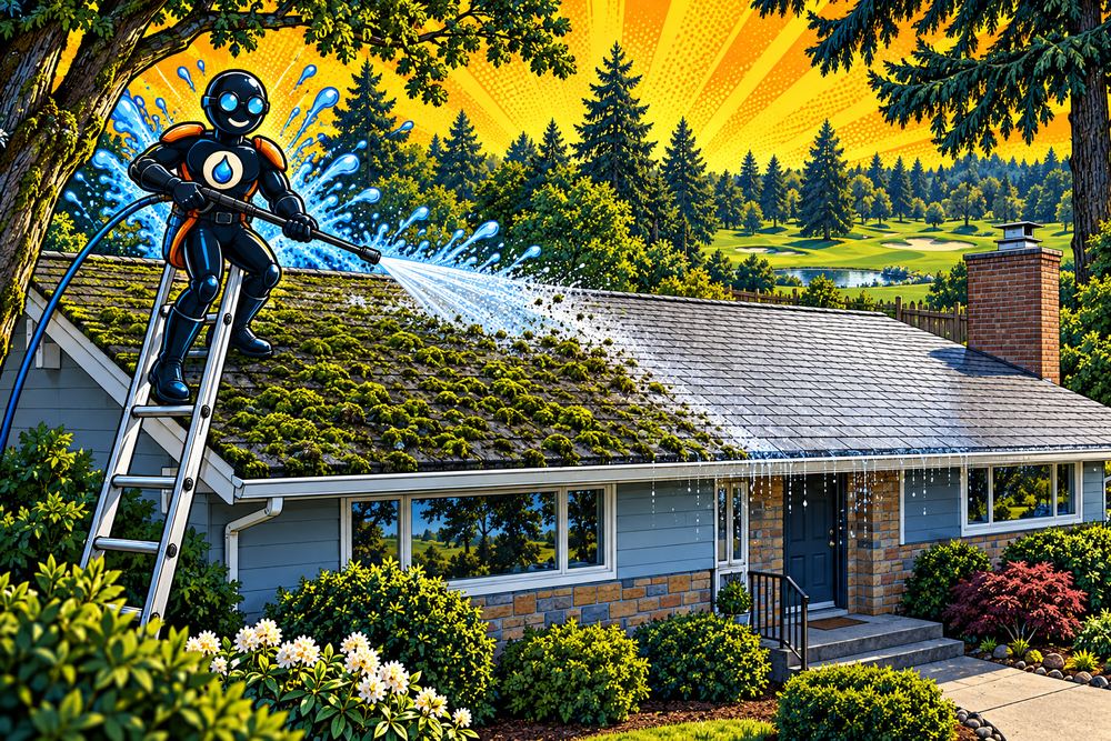 Pressure Washington on a ladder soft-washing the mossy low-pitch roof of an Oakbrook rambler, golf course beyond