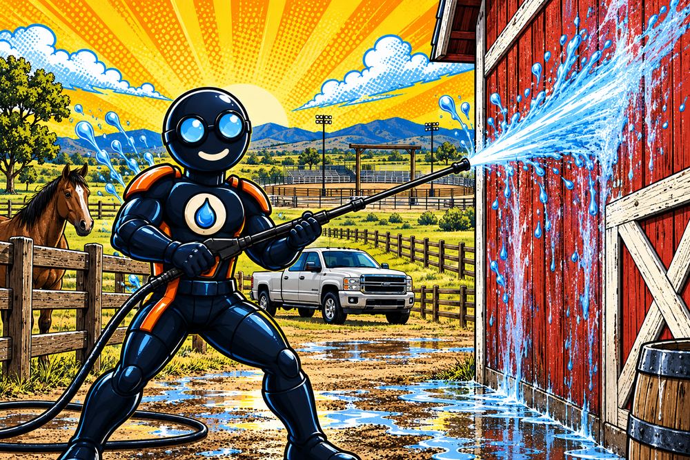Pressure Washington washing a red barn wall on a Roy ranch, horse and fence line, rodeo arena beyond