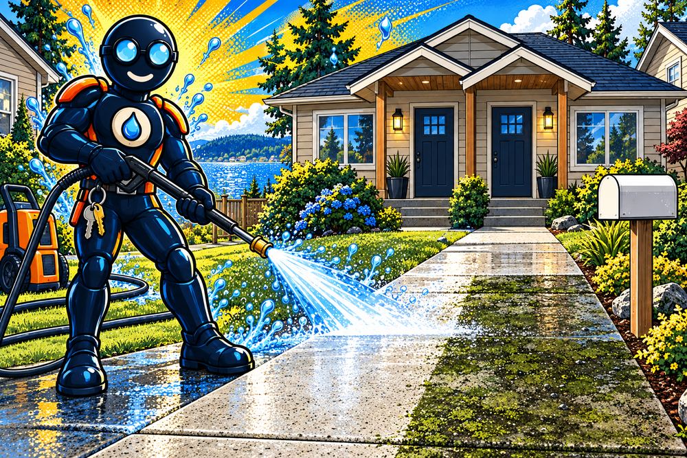 Pressure Washington cleaning the front walk of a rented Tillicum duplex, American Lake behind him