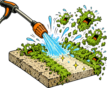 A pressure washer blasting a clean stripe through mossy concrete
