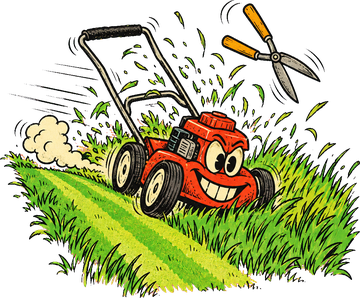 A lawn mower cutting a stripe through overgrown grass